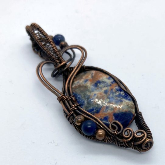 Sodalite set in copper wirework with sodalite and copper beads