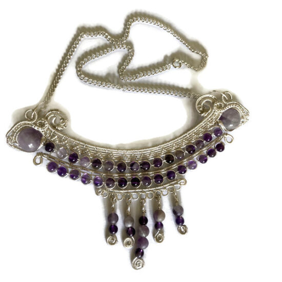 Amethyst, silver filled wirework in an ethnic syyle
